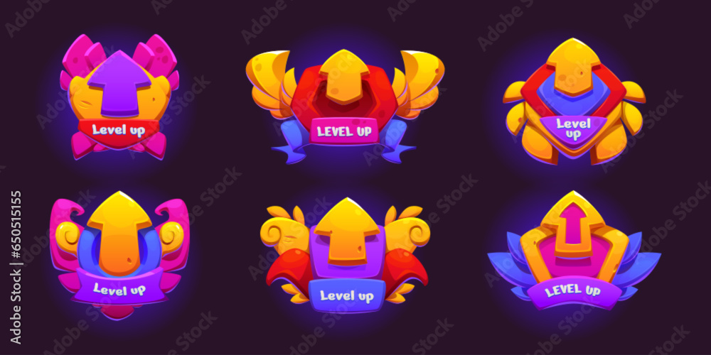 Poster level up game ui badges with arrow, ribbon and sign. cartoon vector set of gui interface label or ac