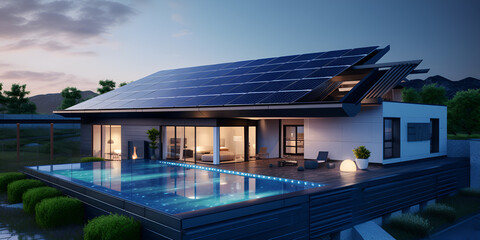  A futuristic house with solar panels on the roof
Eco-Friendly Farmhouse with Solar Panels in the Countryside