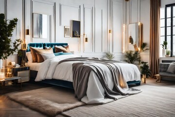 Add a touch of glamour to your Scandinavian bedroom with metallic accents and mirrored decor