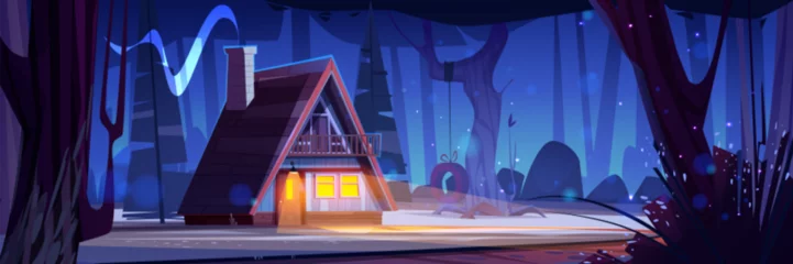 Fototapete Dunkelblau Wooden cabin in forest at night. House made of wood in evening in moonlight with light in windows and from lamp. Cartoon natural fantasy landscape with trees, fireflies and small hut with chimney.  © klyaksun