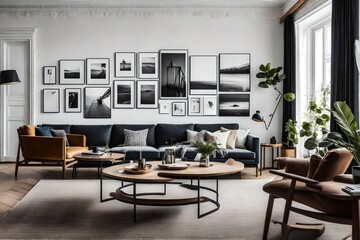 a Scandinavian living room with a gallery wall featuring black-and-white photography