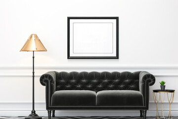 Interior of living room with white sofa and black frame mock up