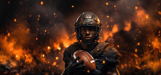 Front View of American Football Player in Action. Athlete in American football gear seen from the front in action. - obrazy, fototapety, plakaty