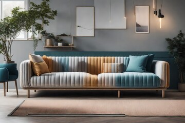a gender-neutral Scandinavian sofa with a mix of cool and warm color variations