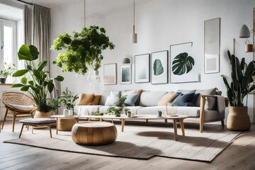 a Scandinavian living room with a focus on eco-friendly and sustainable decor items