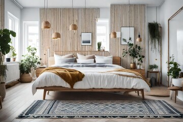 a Scandinavian bedroom with a focus on traditional Nordic rug patterns