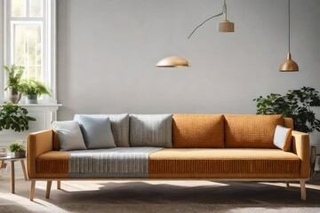 a sofa with Scandinavian-style woven or knitted fabric details