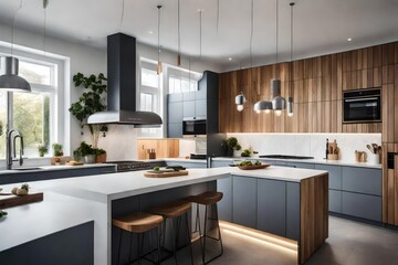 a Scandinavian-style kitchen with a sleek stainless steel backsplash and appliances