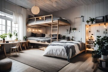 a Scandinavian bedroom with a loft bed and a cozy seating area below