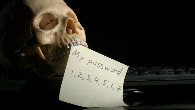 Poor security on the computer. The skull is holding a simple number password in its teeth.