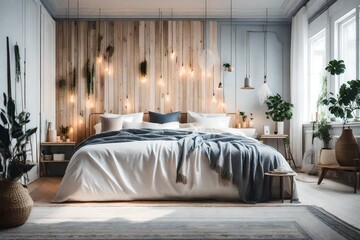 a Scandinavian bedroom with a focus on Nordic mythology-inspired decor elements