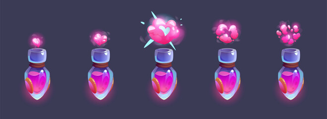 Magic pink love elixir in bottle with heart shaped smoke. Cartoon game animation stages of glowing and sparkling steam. Explosion with puffing cloud from chemical reaction of potion in glass tube.