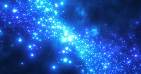 Abstract blue energy particles and waves magical bright glowing futuristic hi-tech with blur effect and bokeh background