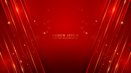 Luxury abstract diagonal red and golden lines with shiny dots, and glittering light effects elements