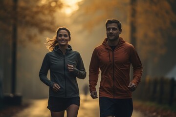 Morning Fitness Duo: Active Adults on a Refreshing Run - obrazy, fototapety, plakaty