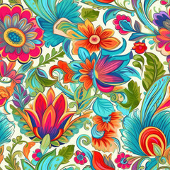 Fototapeta na wymiar Bold and colorful henna inspired floral motifs seamless pattern, AI Generated .