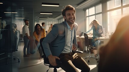 businessman manager enjoy race office chair game playful humor funny relax game in office,greeting mature business person smile laugh on his office chair in modern office,ai generate