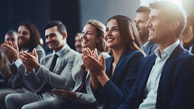 Happy Colleagues Applauding While Sitting In Conference Event At Convention Center Business People Sit Together In Convention Hall Listen Seminar Success Clapping Happiness,ai Generate