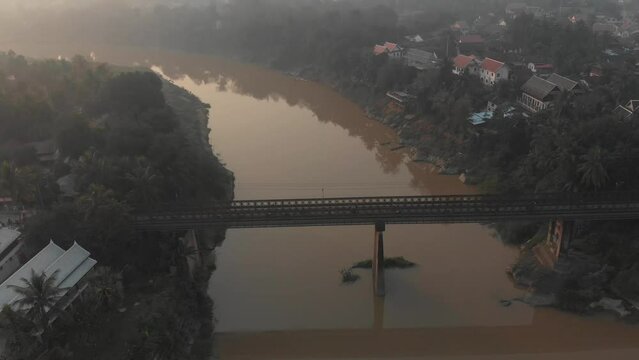 Wide view of old bridge in luang prabang province Loas, aerial