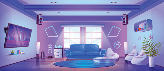 Gamer living room with furniture and gaming equipment. Vector cartoon illustration of blue interior with couch, armchairs, tv and neon light decorations on wall, console stand, loudspeakers on ceiling