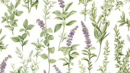  a bunch of green and purple flowers on a white background.  generative ai