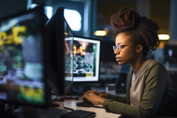 Software developer, IT,  looking at her screen at her work station, desk, in a big open space