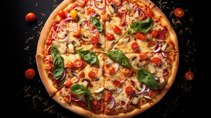 Top view Delicious pizza with vegetable and cheese topping on black background created with Generative AI Technology