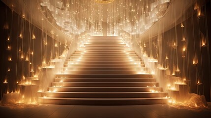  a set of stairs with lights on them and a chandelier hanging from the ceiling.  generative ai - obrazy, fototapety, plakaty