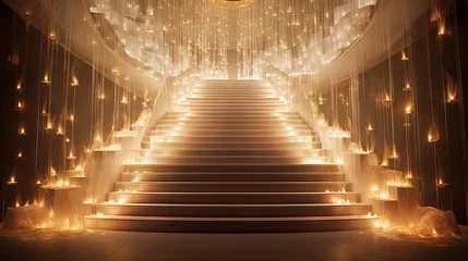 Cercles muraux Lieu de culte  a set of stairs with lights on them and a chandelier hanging from the ceiling.  generative ai