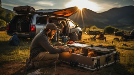 man camping in nature while charging his mobile devices with ecological and sustainable energy