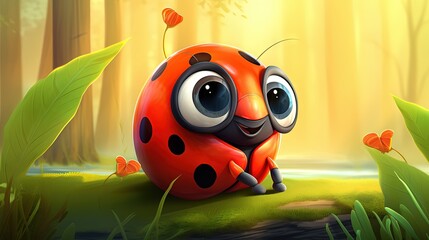  a cartoon ladybug sitting in the middle of a forest.  generative ai