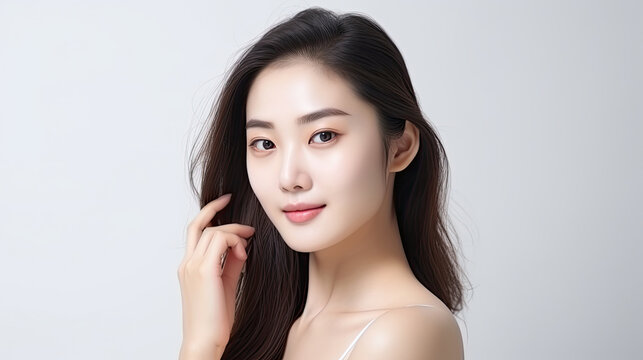 Beautiful portrait of young Asian female model with fresh clean face and healthy skin care on white background created with Generative AI Technology 