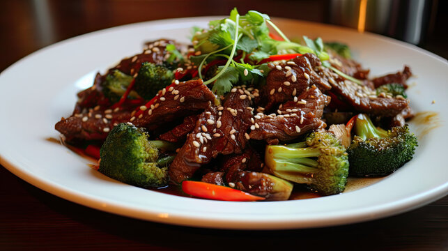 Delicious Asian Sweet Beef Slices and Vegetables on a plate made with Generative AI Technology