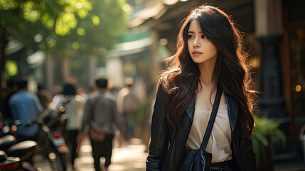 Beautiful young Asian Chinese woman with long flowing black hair carrying a bag while walking on the street on a warm and sunny spring day created with Generative AI Technology  - obrazy, fototapety, plakaty