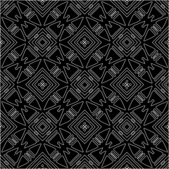 Black background with figures from white lines. Black and white pattern for web page, textures, card, poster, fabric, textile. Monochrome pattern. Repeating design.