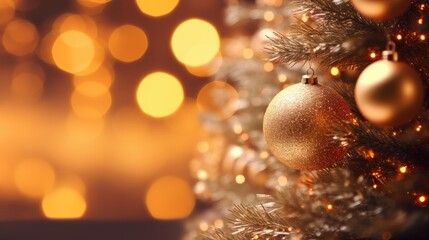 Obraz na płótnie Canvas Golden Christmas ball of defocused lights with decorated tree Happy New Year 2024 There is space to enter text.