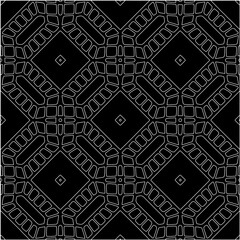 Black background with figures from white lines. Black and white pattern for web page, textures, card, poster, fabric, textile. Monochrome pattern. Repeating design.