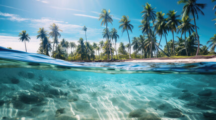 Serene beach views with tropical oasis palm trees and clear underwater sea views on paradise island created with Generative AI Technology