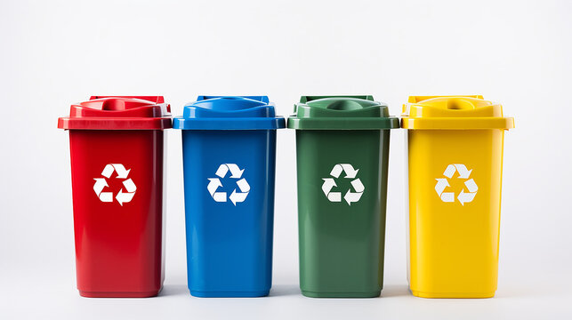 Vibrant recycling bins in yellow, green, blue, and red hues, each adorned with the universal recycle symbol, set against a clean white backdrop.