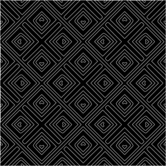  Black background with figures from white lines. Black and white pattern for web page, textures, card, poster, fabric, textile. Monochrome pattern. Repeating design.