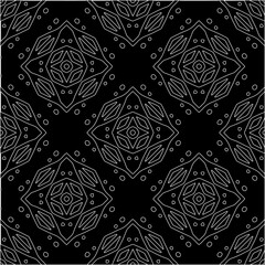  Black background with figures from white lines. Black and white pattern for web page, textures, card, poster, fabric, textile. Monochrome pattern. Repeating design.