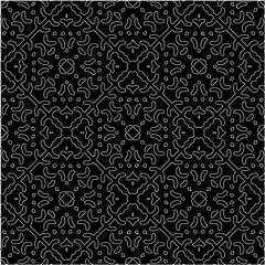 Black background with figures from white lines. Black and white pattern for web page, textures, card, poster, fabric, textile. Monochrome pattern. Repeating design.