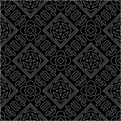  Black background with figures from white lines. Black and white pattern for web page, textures, card, poster, fabric, textile. Monochrome pattern. Repeating design.
