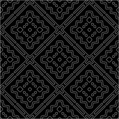  Black background with figures from white lines. Black and white pattern for web page, textures, card, poster, fabric, textile. Monochrome pattern. Repeating design.