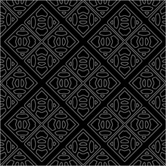  Black background with figures from white lines. Black and white pattern for web page, textures, card, poster, fabric, textile. Monochrome pattern. Repeating design.