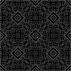  Black background with figures from white lines. Black and white pattern for web page, textures, card, poster, fabric, textile. Monochrome pattern. Repeating design.