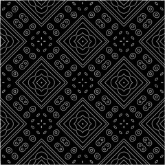 Black background with figures from white lines. Black and white pattern for web page, textures, card, poster, fabric, textile. Monochrome pattern. Repeating design.