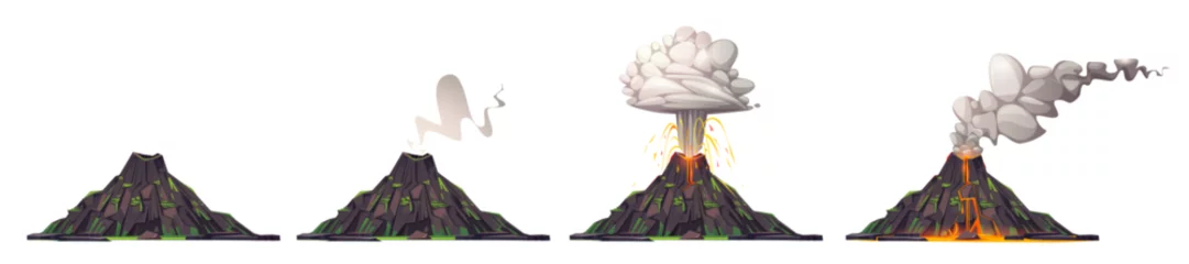 Fotobehang Cartoon volcano lava eruption animation vector illustration. Isolated hot volcanic smoke and ash icon drawing. Natural outdoor seismic island element. Danger vfx game science graphic with magma © klyaksun
