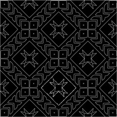  Black background with figures from white lines. Black and white pattern for web page, textures, card, poster, fabric, textile. Monochrome pattern. Repeating design.