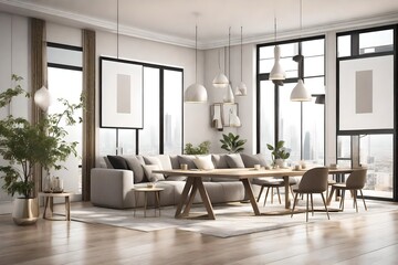  Generate a 3D-rendered illustration of a poster frame mockup hanging on the wall of a lavish apartment's living room. Highlight the fusion of modern design in the open-concept space, showcasing the k